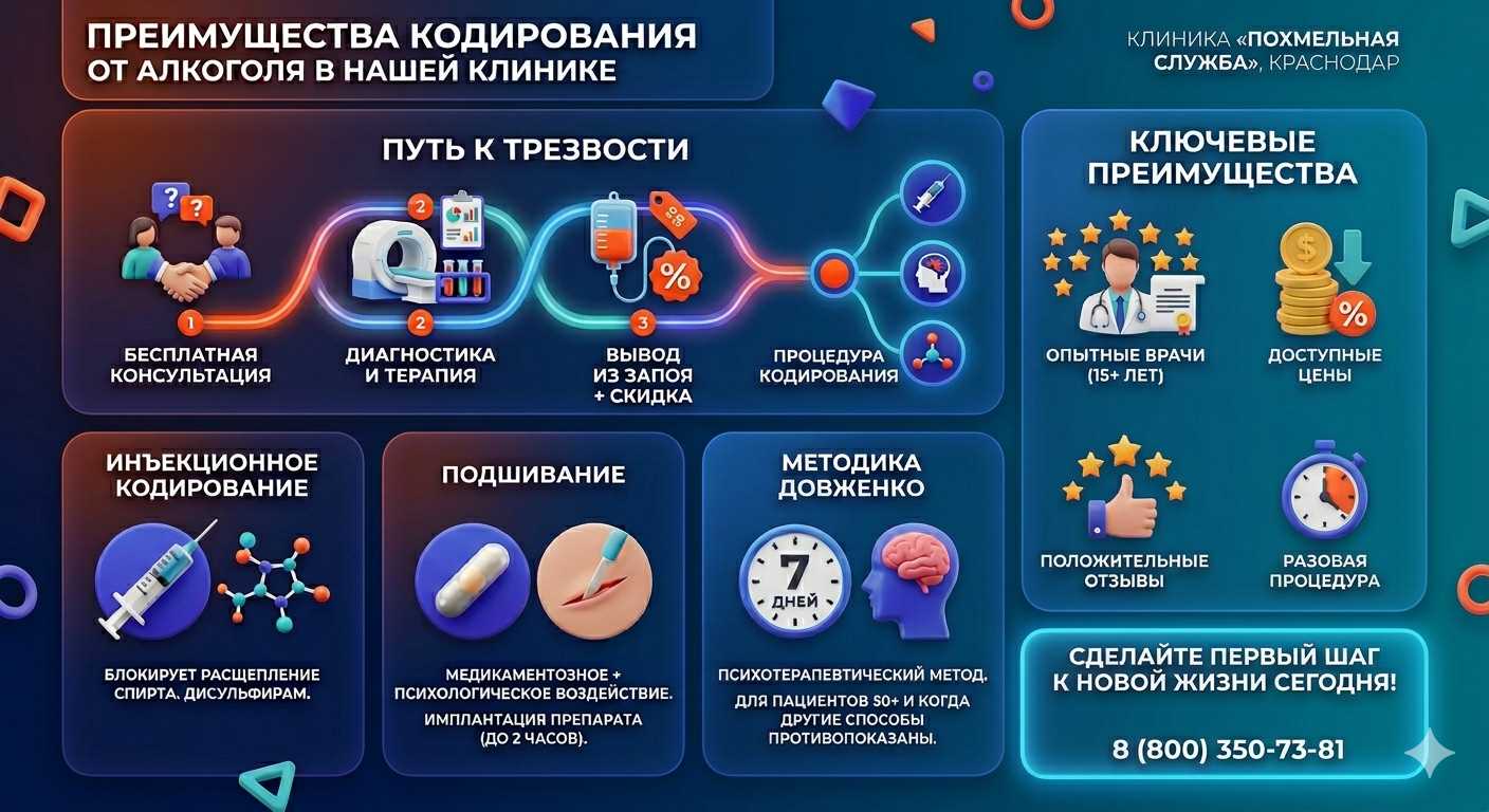 Инфографика о методах кодирования от алкоголя в Талице: инъекции, подшивание, метод Довженко. Преимущества клиники и этапы лечения.